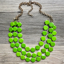 Load image into Gallery viewer, Bright Green Chunky Statement Necklace, Big beaded jewelry, 3 Strand Statement Bib necklace, gold geometric bridesmaid wedding earrings