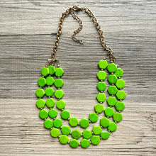 Load image into Gallery viewer, Bright Green Chunky Statement Necklace, Big beaded jewelry, 3 Strand Statement Bib necklace, gold geometric bridesmaid wedding earrings