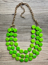 Load image into Gallery viewer, Bright Green Chunky Statement Necklace, Big beaded jewelry, 3 Strand Statement Bib necklace, gold geometric bridesmaid wedding earrings