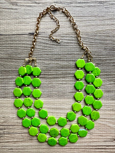 Bright Green Chunky Statement Necklace, Big beaded jewelry, 3 Strand Statement Bib necklace, gold geometric bridesmaid wedding earrings