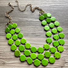 Load image into Gallery viewer, Bright Green Chunky Statement Necklace, Big beaded jewelry, 3 Strand Statement Bib necklace, gold geometric bridesmaid wedding earrings