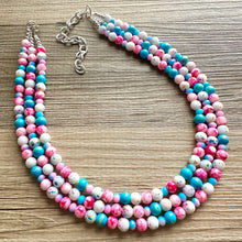 Load image into Gallery viewer, Cotton Candy Carnival Necklace, Pink &amp; blue Gender Reveal Party Present, blush pink baby blue chunky beaded royal blue hot pink