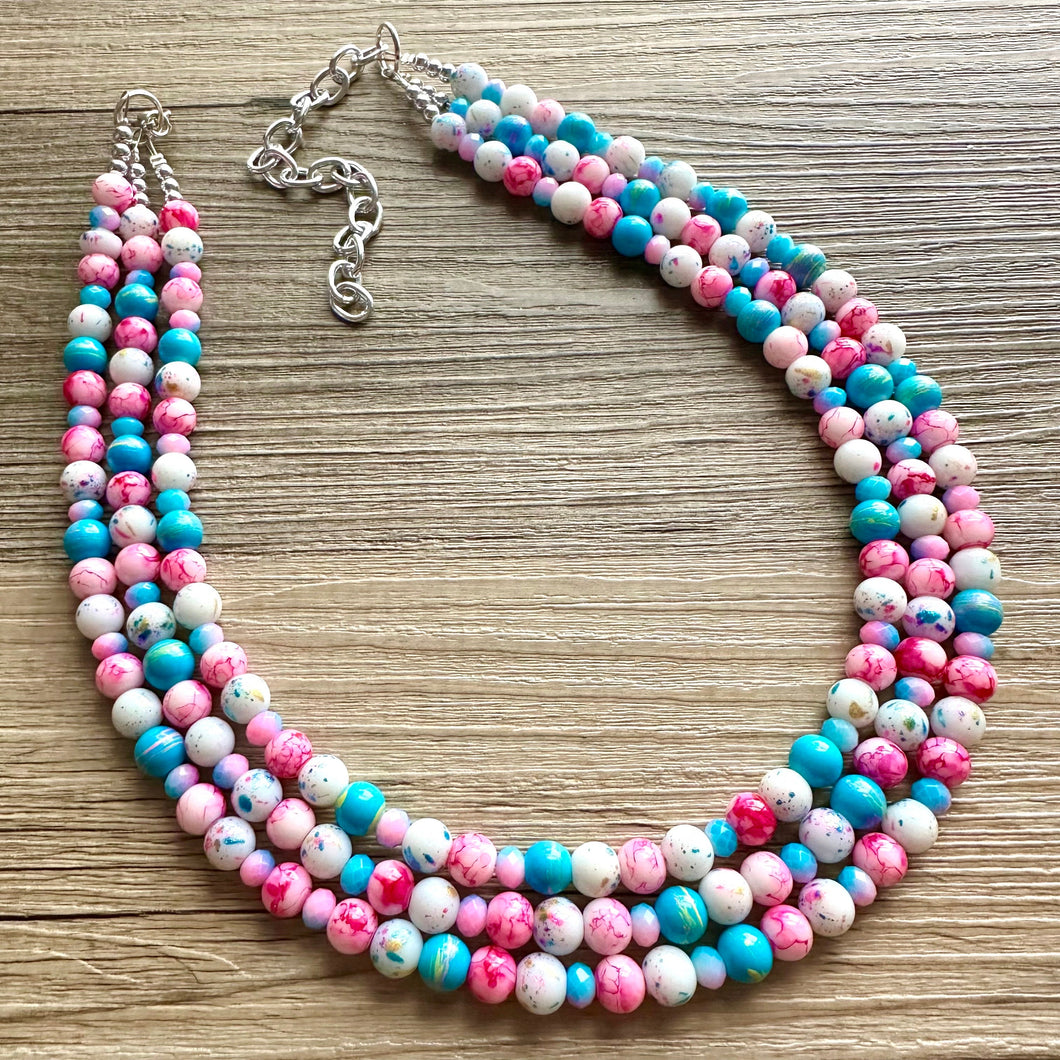 Cotton Candy Carnival Necklace, Pink & blue Gender Reveal Party Present, blush pink baby blue chunky beaded royal blue hot pink