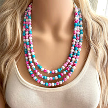 Load image into Gallery viewer, Cotton Candy Carnival Necklace, Pink &amp; blue Gender Reveal Party Present, blush pink baby blue chunky beaded royal blue hot pink