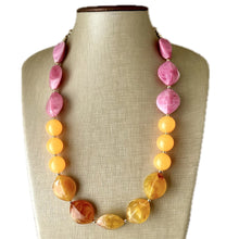 Load image into Gallery viewer, Summer’s Sunset Statement Long Necklace, chunky bib beaded jewelry, Summer pink yellow orange necklace, beaded acrylic jewelry hot pink