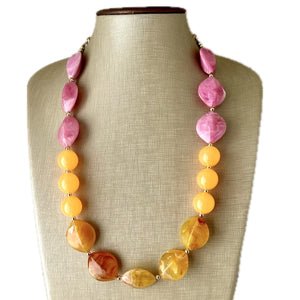 Summer’s Sunset Statement Long Necklace, chunky bib beaded jewelry, Summer pink yellow orange necklace, beaded acrylic jewelry hot pink