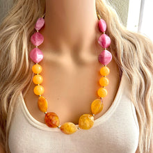 Load image into Gallery viewer, Summer’s Sunset Statement Long Necklace, chunky bib beaded jewelry, Summer pink yellow orange necklace, beaded acrylic jewelry hot pink