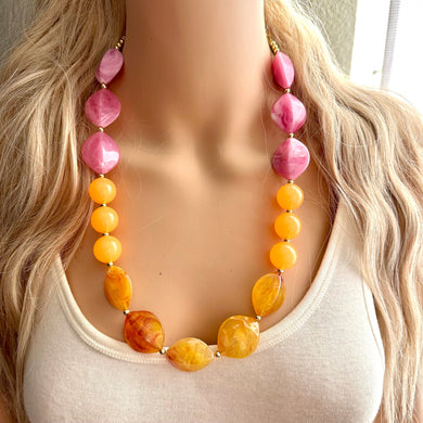 Summer’s Sunset Statement Long Necklace, chunky bib beaded jewelry, Summer pink yellow orange necklace, beaded acrylic jewelry hot pink