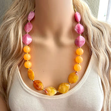 Load image into Gallery viewer, Summer’s Sunset Statement Long Necklace, chunky bib beaded jewelry, Summer pink yellow orange necklace, beaded acrylic jewelry hot pink