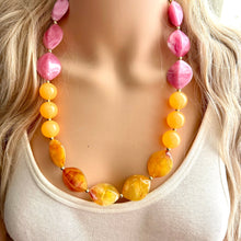 Load image into Gallery viewer, Summer’s Sunset Statement Long Necklace, chunky bib beaded jewelry, Summer pink yellow orange necklace, beaded acrylic jewelry hot pink