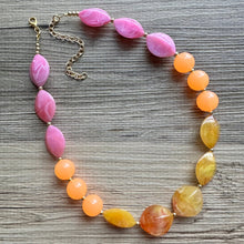 Load image into Gallery viewer, Summer’s Sunset Statement Long Necklace, chunky bib beaded jewelry, Summer pink yellow orange necklace, beaded acrylic jewelry hot pink