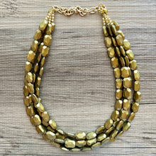 Load image into Gallery viewer, Metallic Olive Statement Necklace, Chunky 4 Strand Jewelry, dark green necklace, bib beaded collar green bead dark grass forest emerald