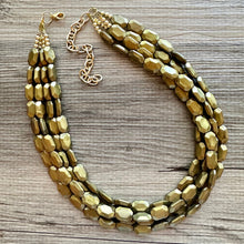 Load image into Gallery viewer, Metallic Olive Statement Necklace, Chunky 4 Strand Jewelry, dark green necklace, bib beaded collar green bead dark grass forest emerald