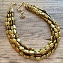 Load image into Gallery viewer, Metallic Olive Statement Necklace, Chunky 4 Strand Jewelry, dark green necklace, bib beaded collar green bead dark grass forest emerald