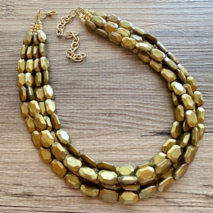 Metallic Olive Statement Necklace, Chunky 4 Strand Jewelry, dark green necklace, bib beaded collar green bead dark grass forest emerald