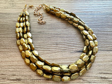 Load image into Gallery viewer, Metallic Olive Statement Necklace, Chunky 4 Strand Jewelry, dark green necklace, bib beaded collar green bead dark grass forest emerald