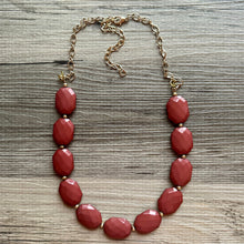 Load image into Gallery viewer, Mocha &amp; Gold Long Necklace, brown bead necklace, single strand bib necklace, neutral golden chain statement layering jewelry hazel coffee