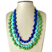 Load image into Gallery viewer, Royal Blue &amp; Green teal pink 3 Strand Statement Necklace, Chunky Jewelry Big Beaded Necklace, dark blue geometric zig zag bubble earrings