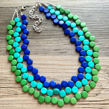 Load image into Gallery viewer, Royal Blue &amp; Green teal pink 3 Strand Statement Necklace, Chunky Jewelry Big Beaded Necklace, dark blue geometric zig zag bubble earrings