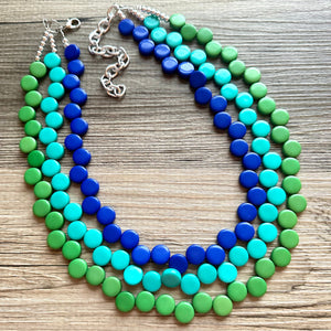 Royal Blue & Green teal pink 3 Strand Statement Necklace, Chunky Jewelry Big Beaded Necklace, dark blue geometric zig zag bubble earrings