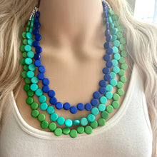 Load image into Gallery viewer, Royal Blue &amp; Green teal pink 3 Strand Statement Necklace, Chunky Jewelry Big Beaded Necklace, dark blue geometric zig zag bubble earrings