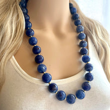 Load image into Gallery viewer, Long Dark Blue Chunky Statement Necklace, single strand necklace, blue necklace, navy blue necklace, royal blue wedding, bridesmaid gold