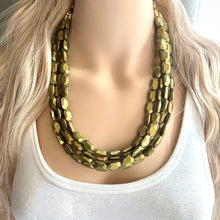 Load image into Gallery viewer, Metallic Olive Statement Necklace, Chunky 4 Strand Jewelry, dark green necklace, bib beaded collar green bead dark grass forest emerald