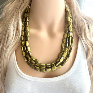 Metallic Olive Statement Necklace, Chunky 4 Strand Jewelry, dark green necklace, bib beaded collar green bead dark grass forest emerald