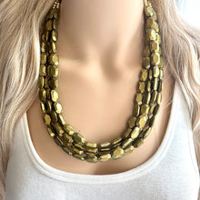 Load image into Gallery viewer, Metallic Olive Statement Necklace, Chunky 4 Strand Jewelry, dark green necklace, bib beaded collar green bead dark grass forest emerald