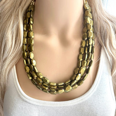 Metallic Olive Statement Necklace, Chunky 4 Strand Jewelry, dark green necklace, bib beaded collar green bead dark grass forest emerald
