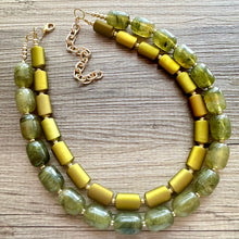 Load image into Gallery viewer, Olive Green Chunky Statement Necklace, Big beaded jewelry, Double Strand Statement Necklace, Bib necklace, gold bridesmaid wedding earrings