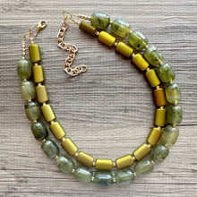 Load image into Gallery viewer, Olive Green Chunky Statement Necklace, Big beaded jewelry, Double Strand Statement Necklace, Bib necklace, gold bridesmaid wedding earrings
