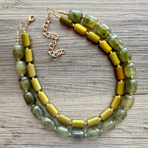 Olive Green Chunky Statement Necklace, Big beaded jewelry, Double Strand Statement Necklace, Bib necklace, gold bridesmaid wedding earrings