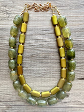 Load image into Gallery viewer, Olive Green Chunky Statement Necklace, Big beaded jewelry, Double Strand Statement Necklace, Bib necklace, gold bridesmaid wedding earrings