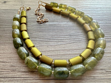 Load image into Gallery viewer, Olive Green Chunky Statement Necklace, Big beaded jewelry, Double Strand Statement Necklace, Bib necklace, gold bridesmaid wedding earrings