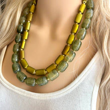 Load image into Gallery viewer, Olive Green Chunky Statement Necklace, Big beaded jewelry, Double Strand Statement Necklace, Bib necklace, gold bridesmaid wedding earrings