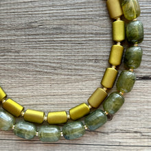 Load image into Gallery viewer, Olive Green Chunky Statement Necklace, Big beaded jewelry, Double Strand Statement Necklace, Bib necklace, gold bridesmaid wedding earrings