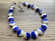 Load image into Gallery viewer, Royal Blue &amp; White Glass Single Strand Beaded Statement Necklace, dark blue beaded necklace, bridesmaid jewelry layering geometric chunky