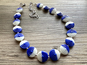 Royal Blue & White Glass Single Strand Beaded Statement Necklace, dark blue beaded necklace, bridesmaid jewelry layering geometric chunky