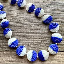 Load image into Gallery viewer, Royal Blue &amp; White Glass Single Strand Beaded Statement Necklace, dark blue beaded necklace, bridesmaid jewelry layering geometric chunky