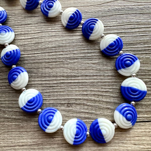 Royal Blue & White Glass Single Strand Beaded Statement Necklace, dark blue beaded necklace, bridesmaid jewelry layering geometric chunky