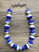 Load image into Gallery viewer, Royal Blue &amp; White Glass Single Strand Beaded Statement Necklace, dark blue beaded necklace, bridesmaid jewelry layering geometric chunky