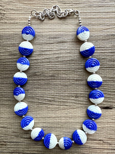 Royal Blue & White Glass Single Strand Beaded Statement Necklace, dark blue beaded necklace, bridesmaid jewelry layering geometric chunky