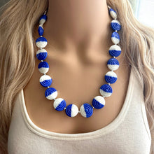 Load image into Gallery viewer, Royal Blue &amp; White Glass Single Strand Beaded Statement Necklace, dark blue beaded necklace, bridesmaid jewelry layering geometric chunky