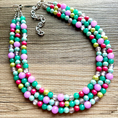 Morning Light Statement Necklace, Chunky Beaded Necklace, 3 strand Jewelry, green blue purple glass hot pink layering beaded gray purple