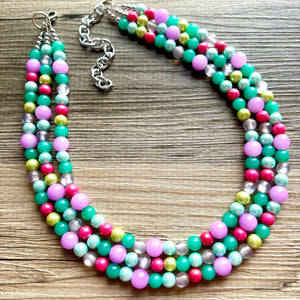 Morning Light Statement Necklace, Chunky Beaded Necklace, 3 strand Jewelry, green blue purple glass hot pink layering beaded gray purple