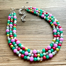 Load image into Gallery viewer, Morning Light Statement Necklace, Chunky Beaded Necklace, 3 strand Jewelry, green blue purple glass hot pink layering beaded gray purple