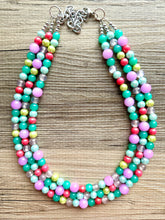 Load image into Gallery viewer, Morning Light Statement Necklace, Chunky Beaded Necklace, 3 strand Jewelry, green blue purple glass hot pink layering beaded gray purple