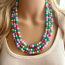 Load image into Gallery viewer, Morning Light Statement Necklace, Chunky Beaded Necklace, 3 strand Jewelry, green blue purple glass hot pink layering beaded gray purple