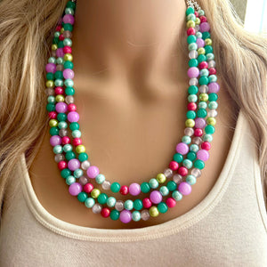 Morning Light Statement Necklace, Chunky Beaded Necklace, 3 strand Jewelry, green blue purple glass hot pink layering beaded gray purple